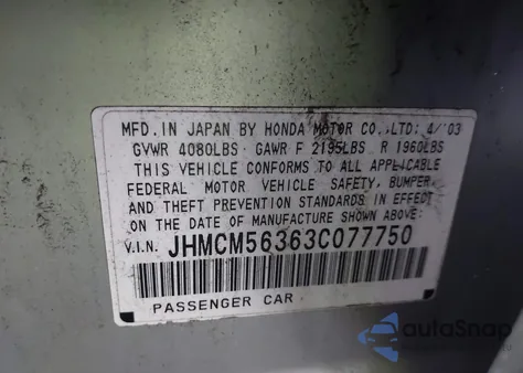 2003 Honda Accord 2.4 Lx z USA, uszkodzony, nr VIN JHMCM56363C077750